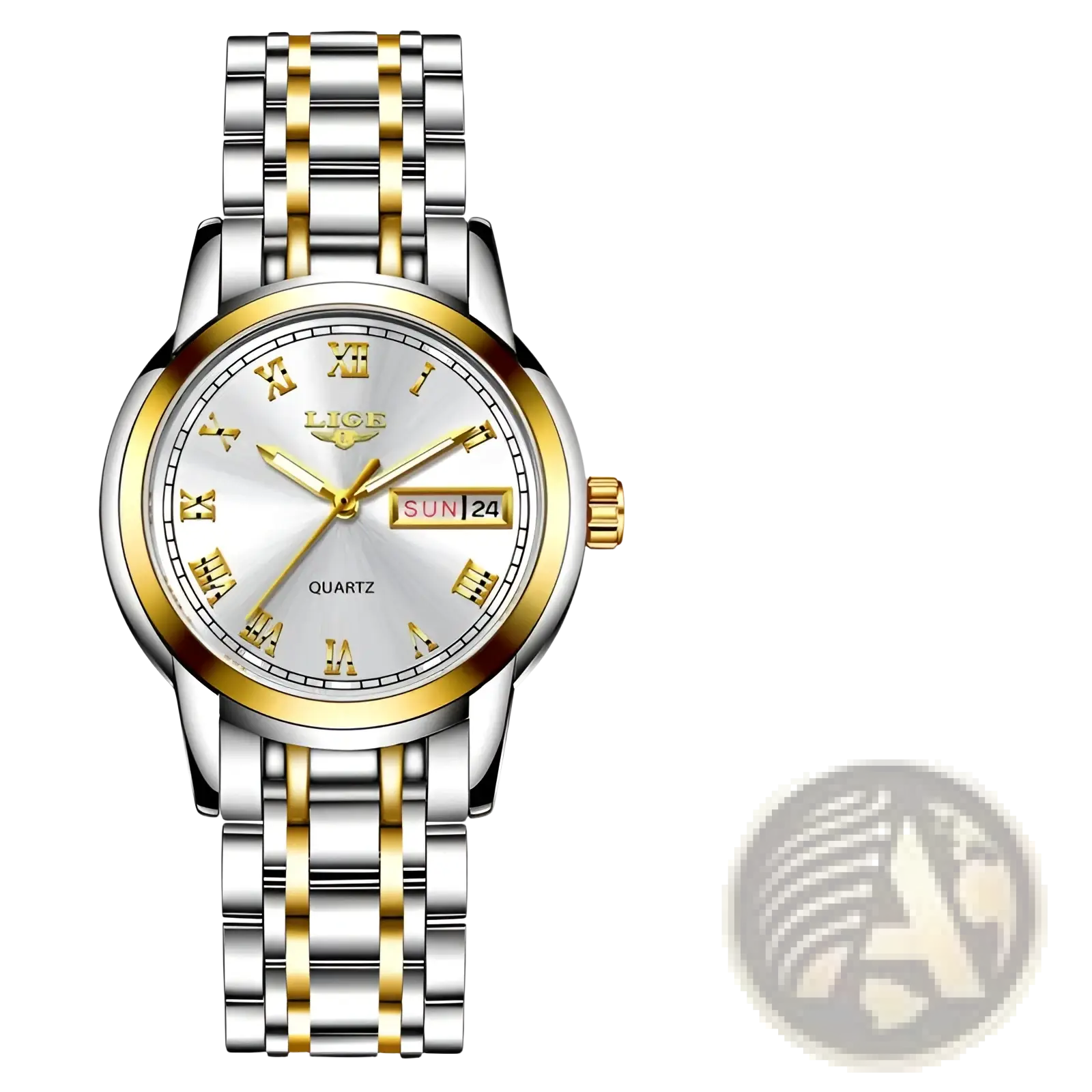 Lige women two-tone stainless steel quartz watch with silver and gold tones, white dial, roman numerals, and date display