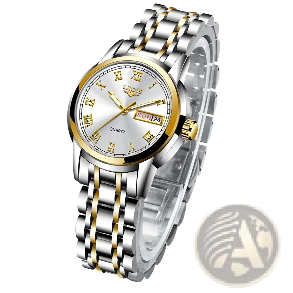 Lige women two-tone stainless steel quartz watch with silver and gold tones, white dial, roman numerals, and date window