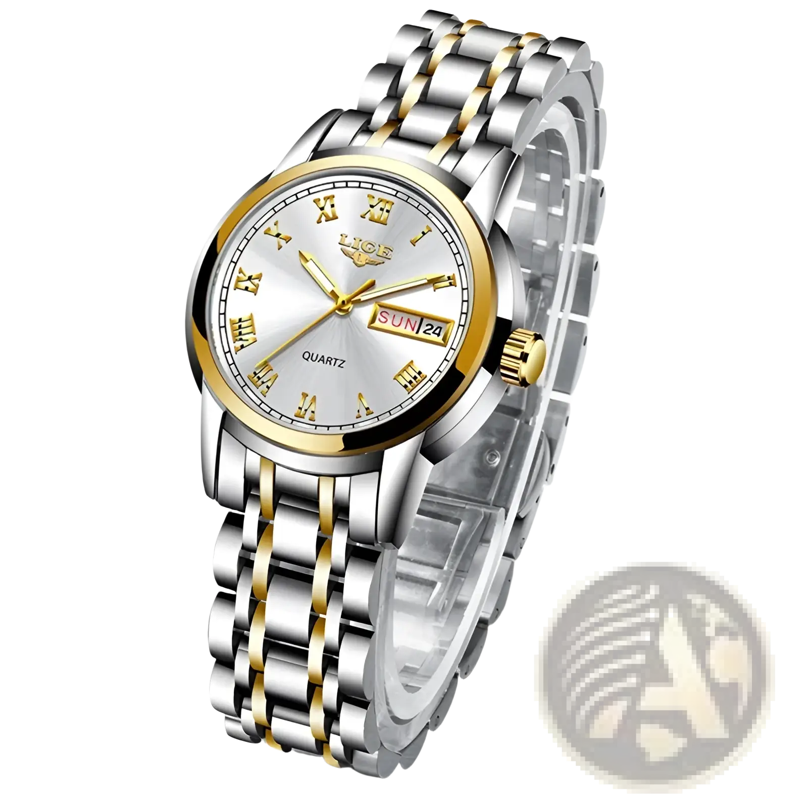 Lige women two-tone stainless steel quartz watch with silver and gold tones, white dial, roman numerals, and date window