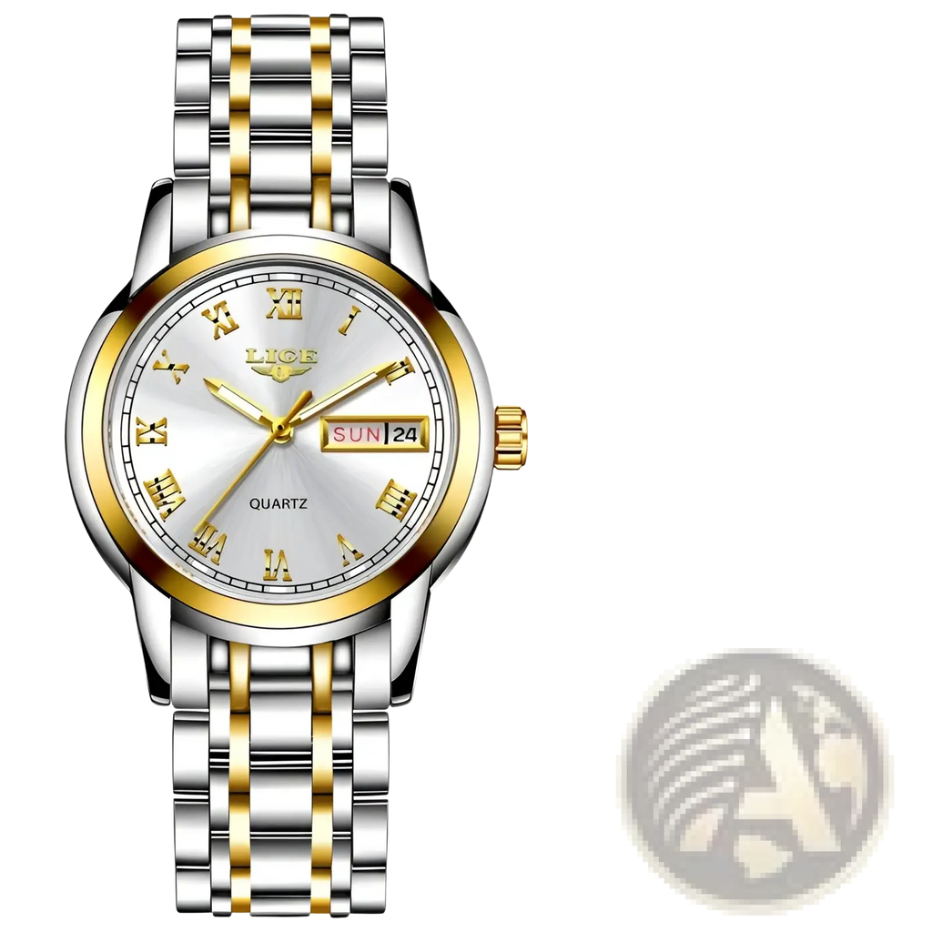 Lige women two-tone stainless steel quartz watch with silver and gold-tone case, white dial, roman numerals, and date display