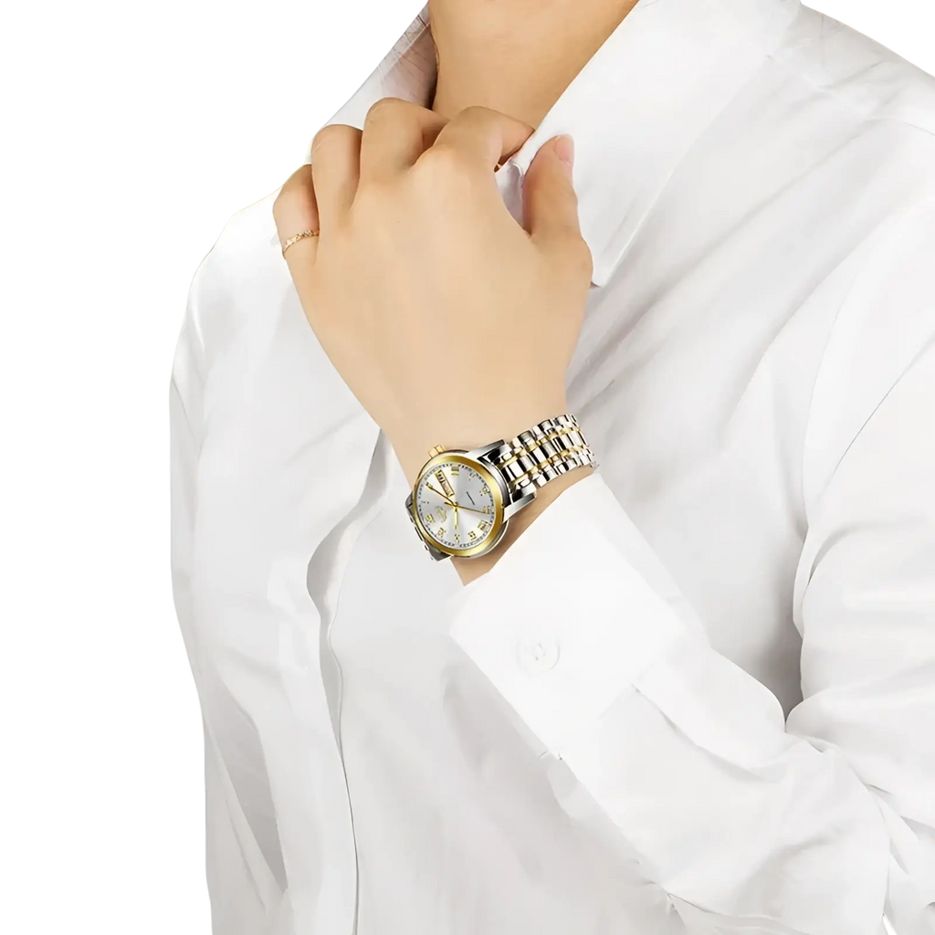 A Lige women two-tone stainless steel quartz watch with a silver dial gold accents roman numerals and classic bracelet design