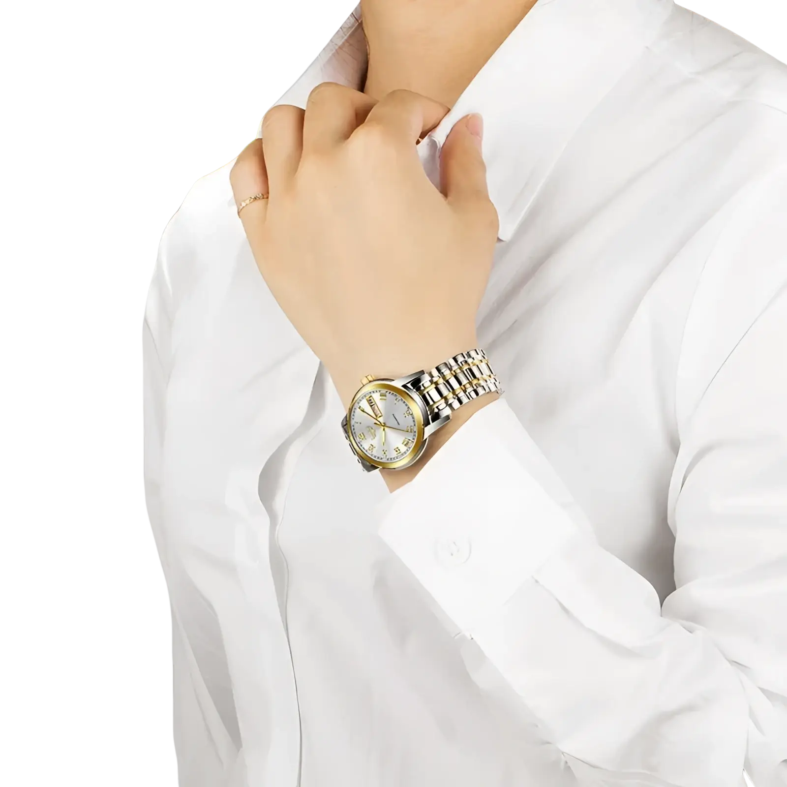 A Lige women two-tone stainless steel quartz watch with a silver dial gold accents roman numerals and classic bracelet design