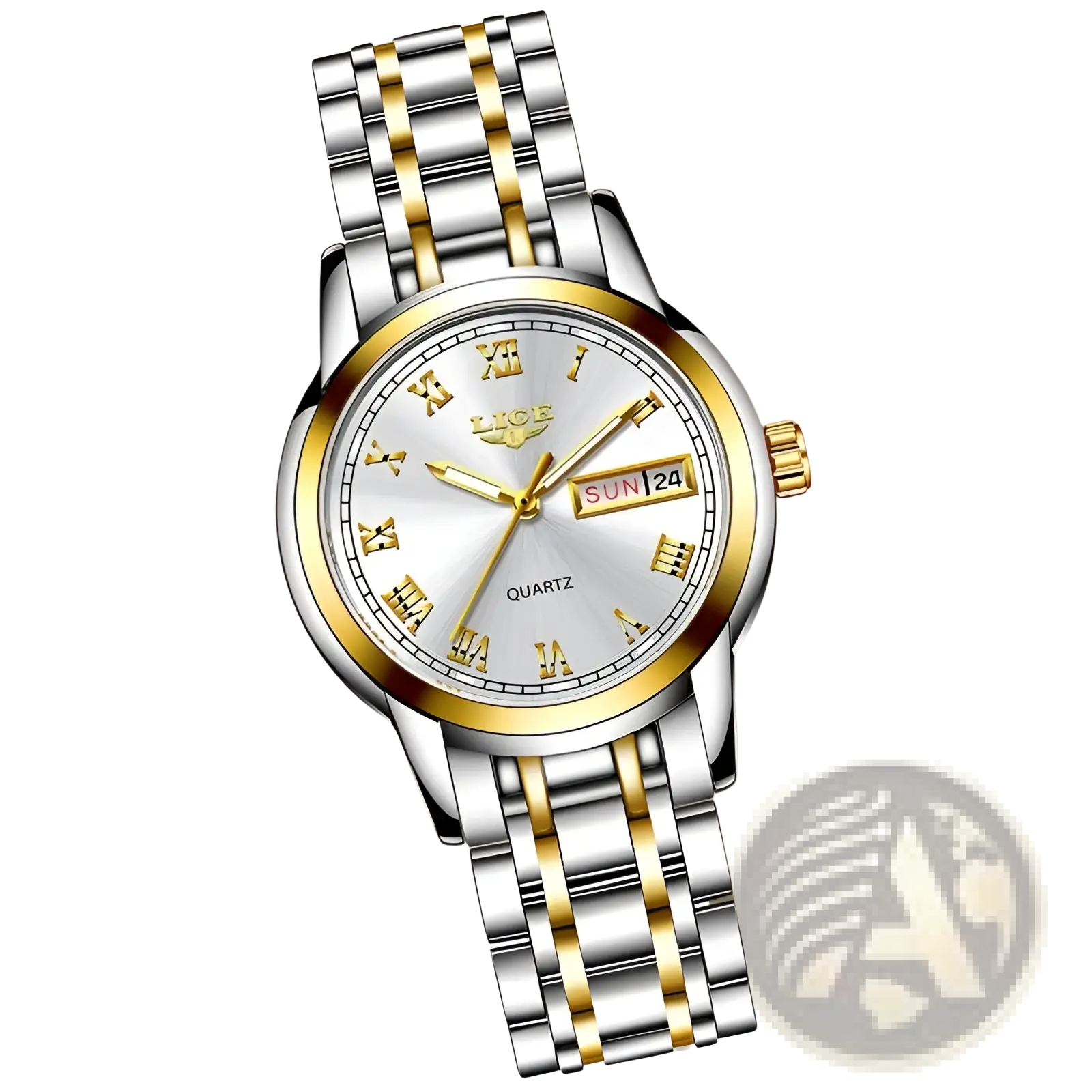 Lige women two-tone stainless steel quartz watch with gold accents silver dial roman numerals and date display