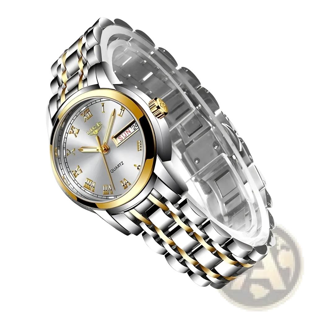 Lige women two-tone stainless steel quartz watch with gold accents silver dial roman numeral markers and date display
