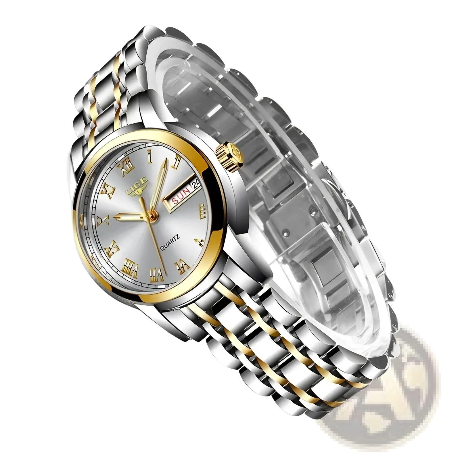 Lige women two-tone stainless steel quartz watch with gold accents silver dial roman numeral markers and date display