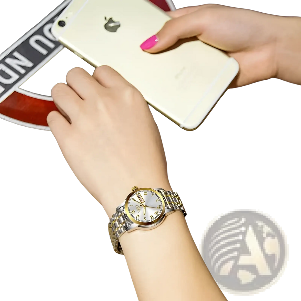A lige women two-tone stainless steel quartz watch with a silver dial gold accents roman numerals and date window