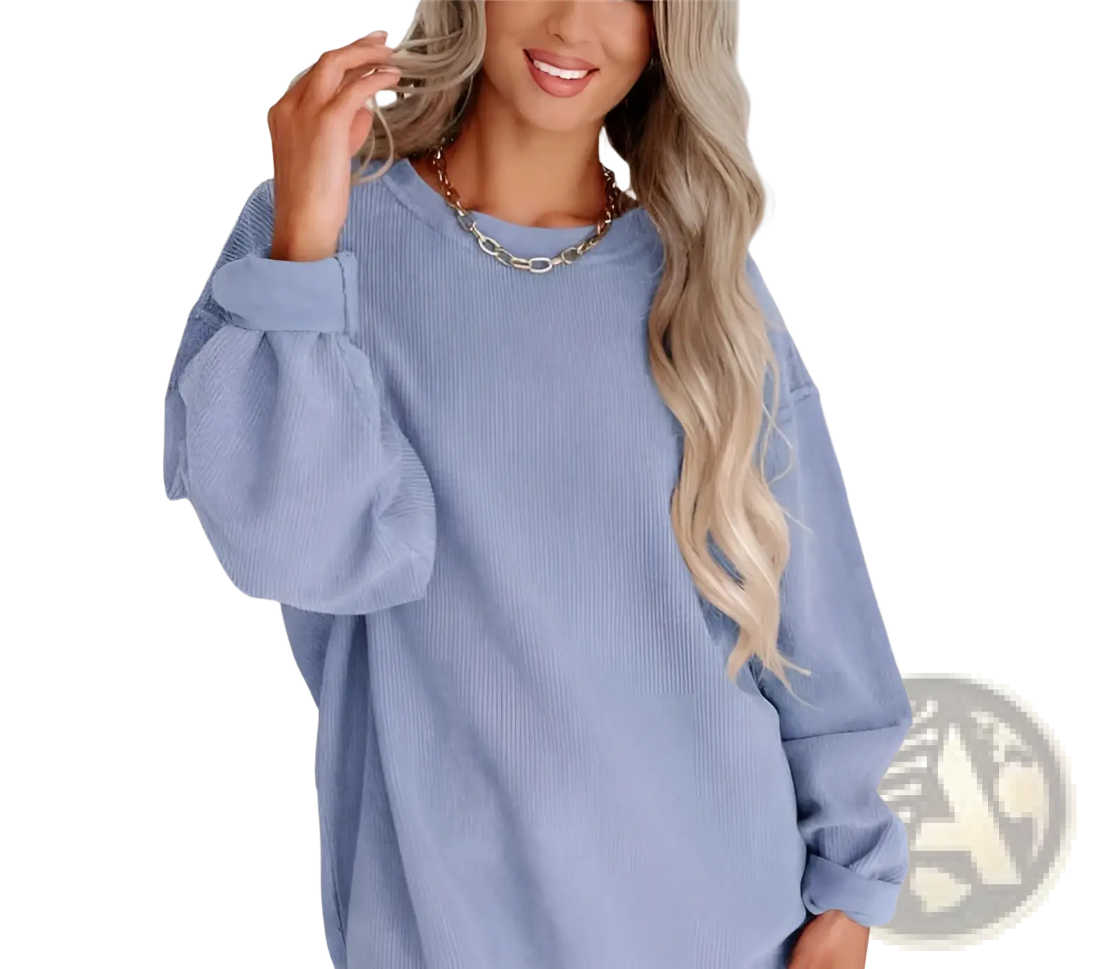 Light blue corduroy oversized hoodie with puffed sleeves and a relaxed fit in a soft textured fabric