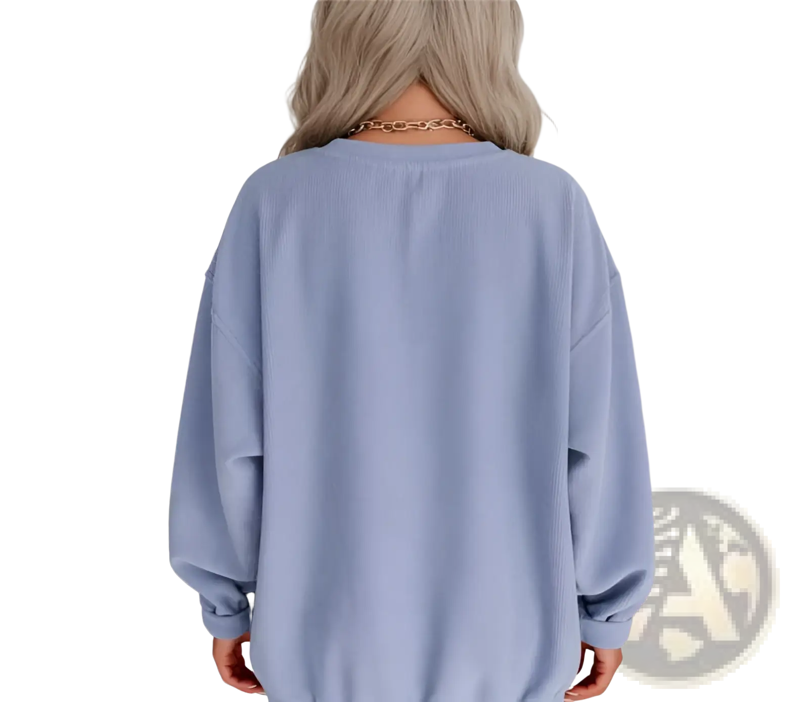 Light blue ribbed knit oversized sweatshirt shown from the back featuring a comfortable casual fit