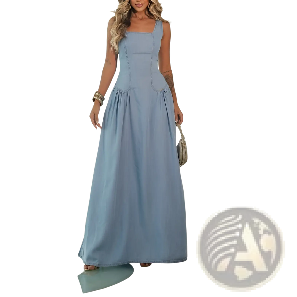 Light blue denim maxi dress with square neckline fitted bodice and side slit flowing fabric design