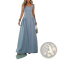Light blue denim maxi dress with square neckline fitted bodice and side slit flowing fabric design