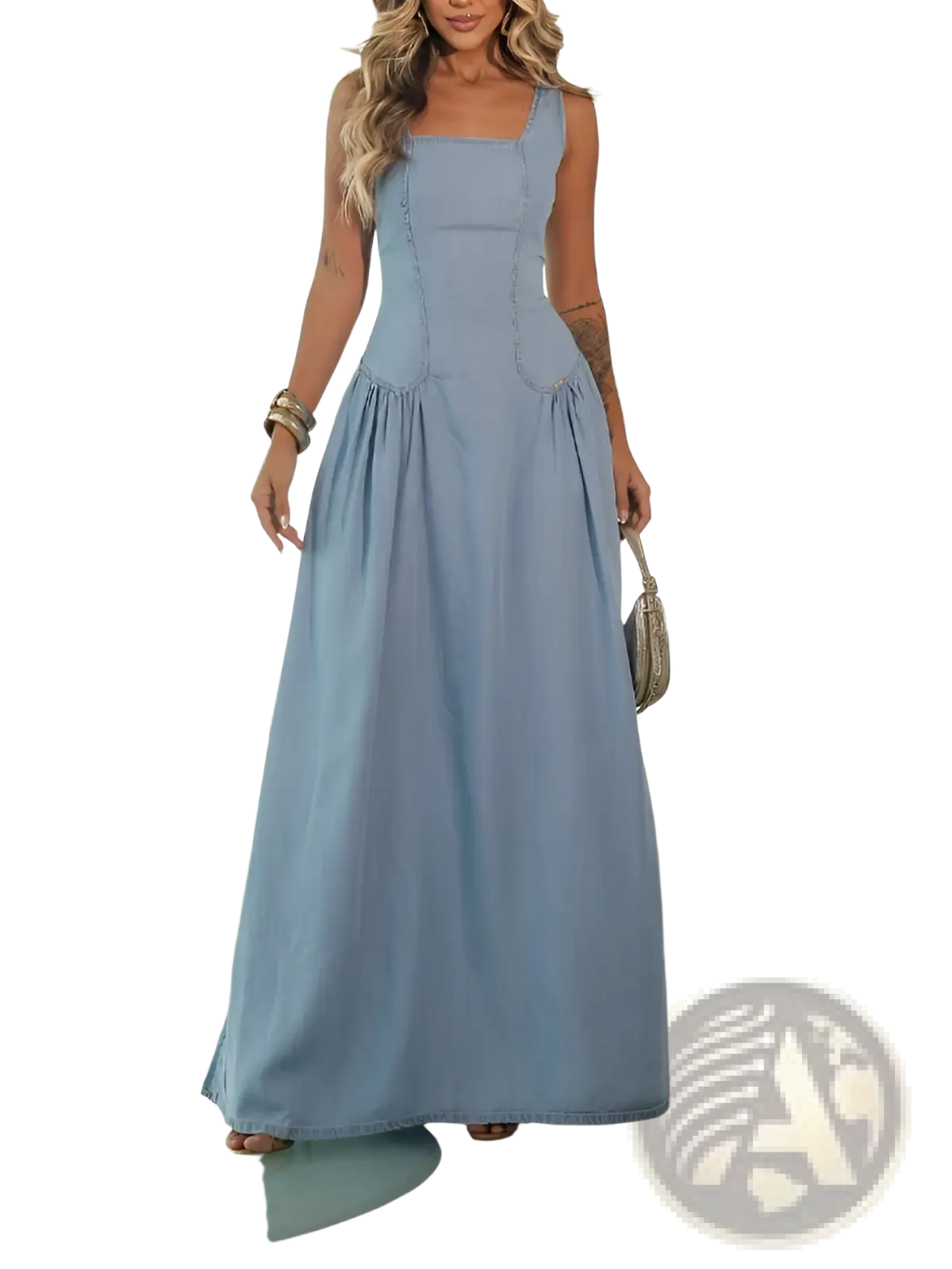 A flowing light blue denim maxi dress with a square neckline fitted bodice and side slit