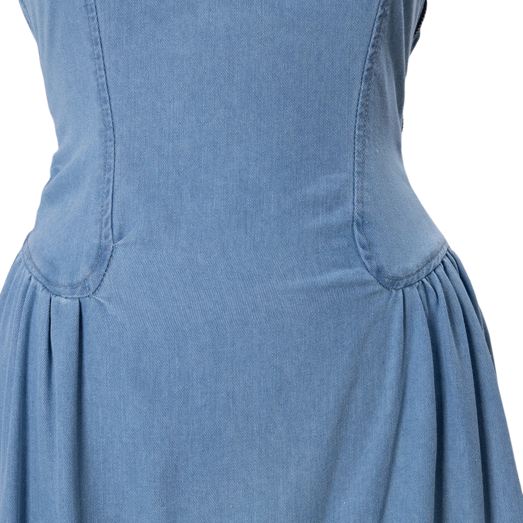Light blue denim square neck maxi dress with fitted bodice flare skirt and side slit for a stylish look