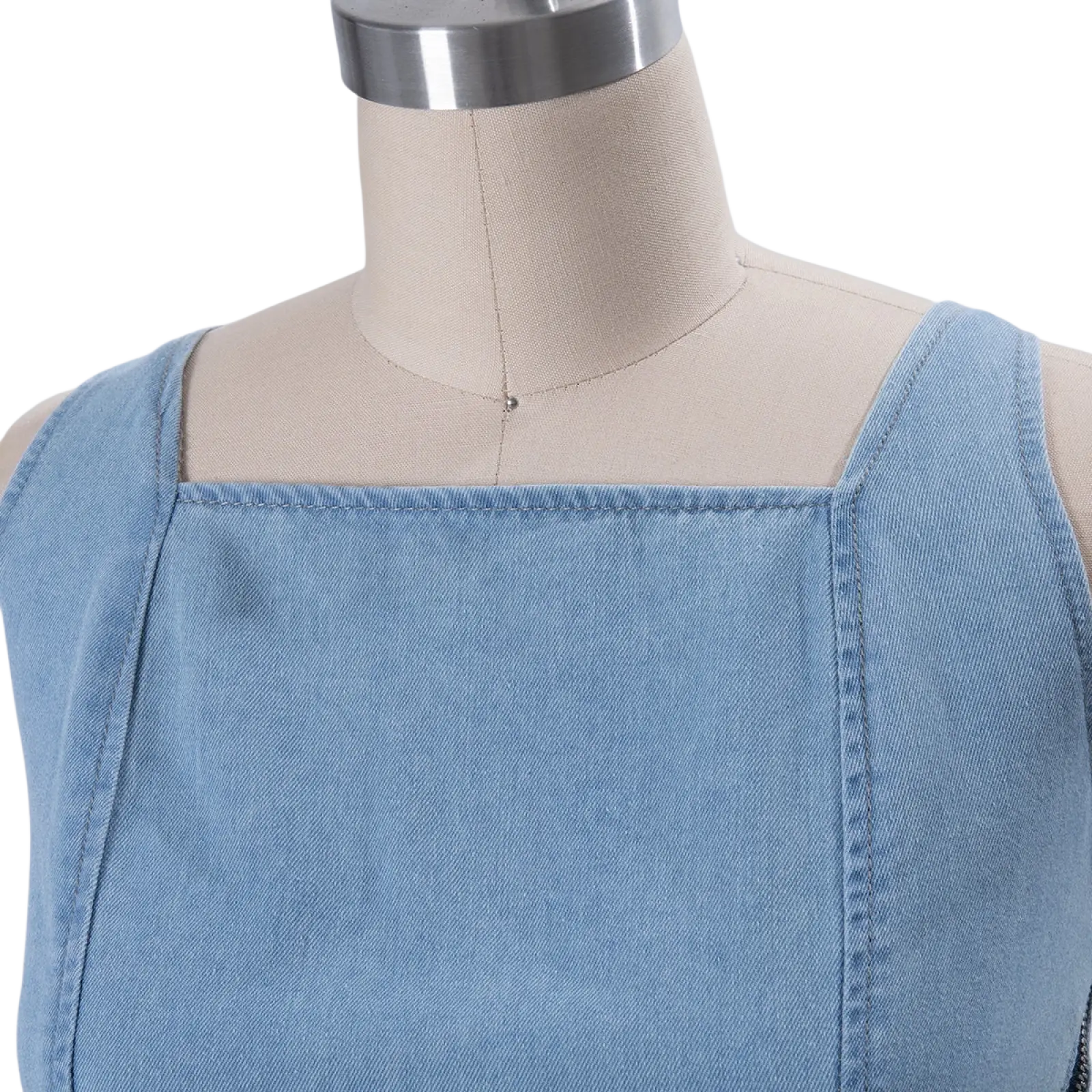 Light blue denim sleeveless maxi dress with square neckline visible stitching and side slit for stylish wear
