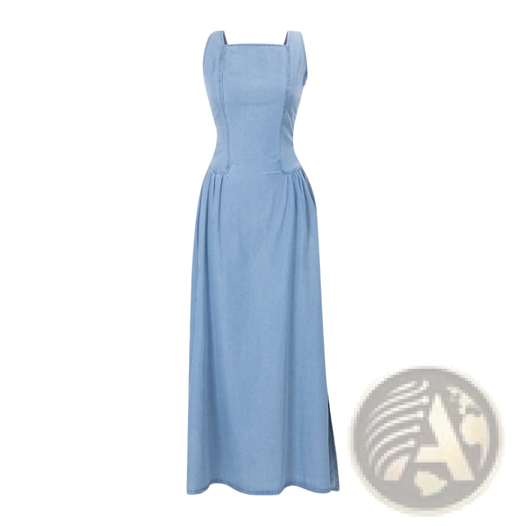 Light blue denim maxi dress with square neckline fitted bodice and side slit for stylish summer wear