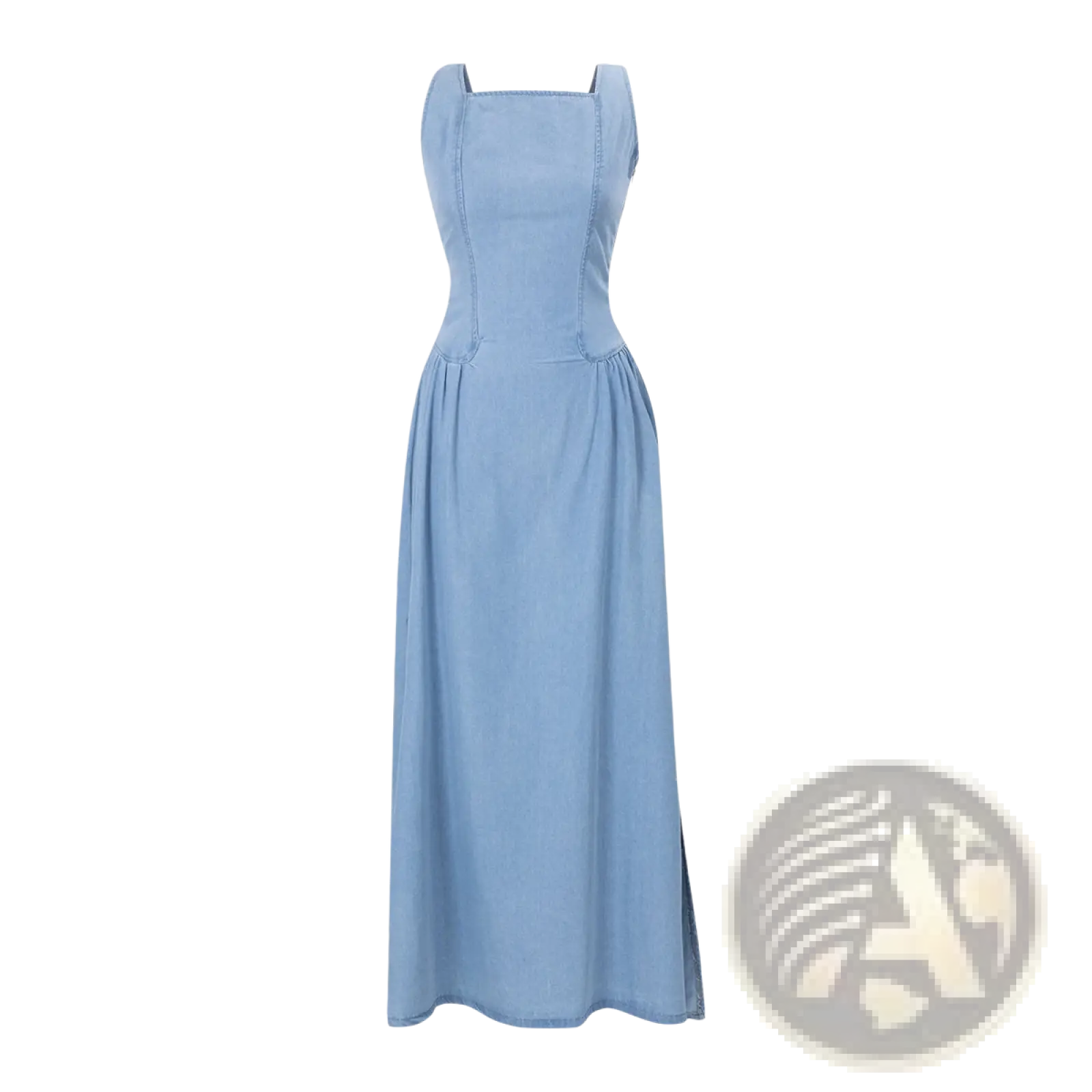 Light blue denim maxi dress with square neckline fitted bodice and side slit for stylish summer wear