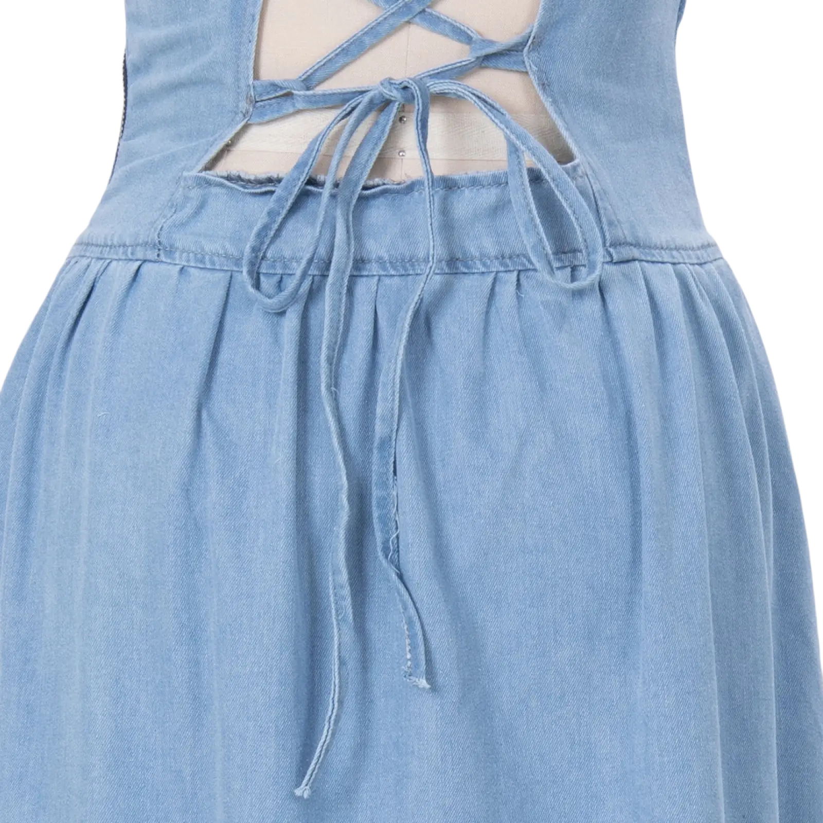 Light blue denim square neck maxi dress back view with crisscross lace-up detail and drawstring waist