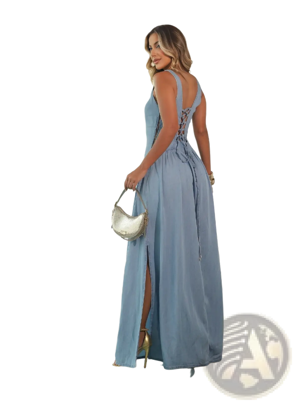 Light blue denim square neck maxi dress with a flowing back lace-up design and side slit shown from the back side