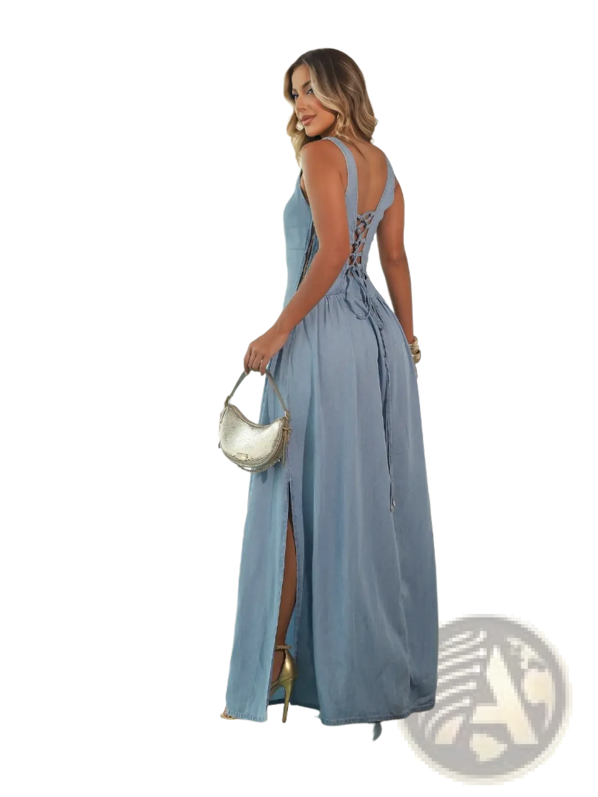 Light blue denim square neck maxi dress with a flowing back lace-up design and side slit shown from the back side