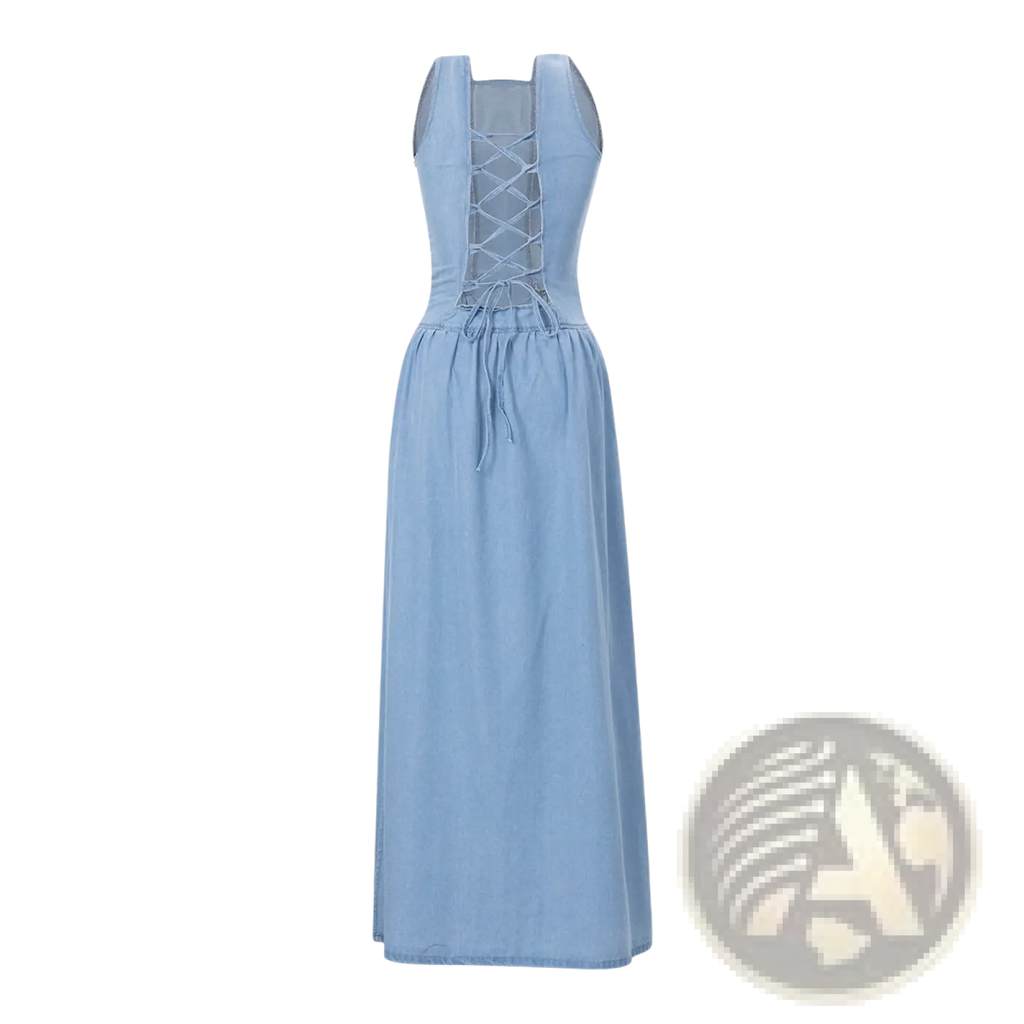Light blue denim square neck maxi dress with side slit shown from the back featuring lace-up back and drawstring waist