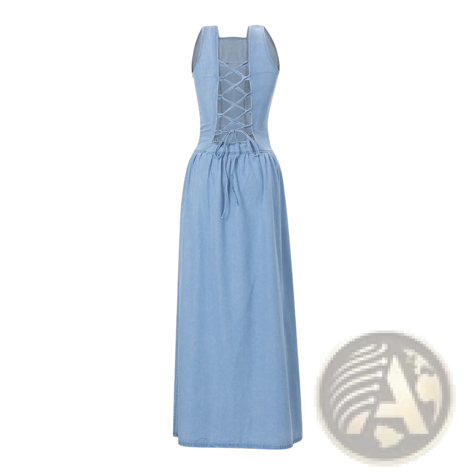 Light blue denim square neck maxi dress with side slit shown from the back featuring lace-up back and drawstring waist