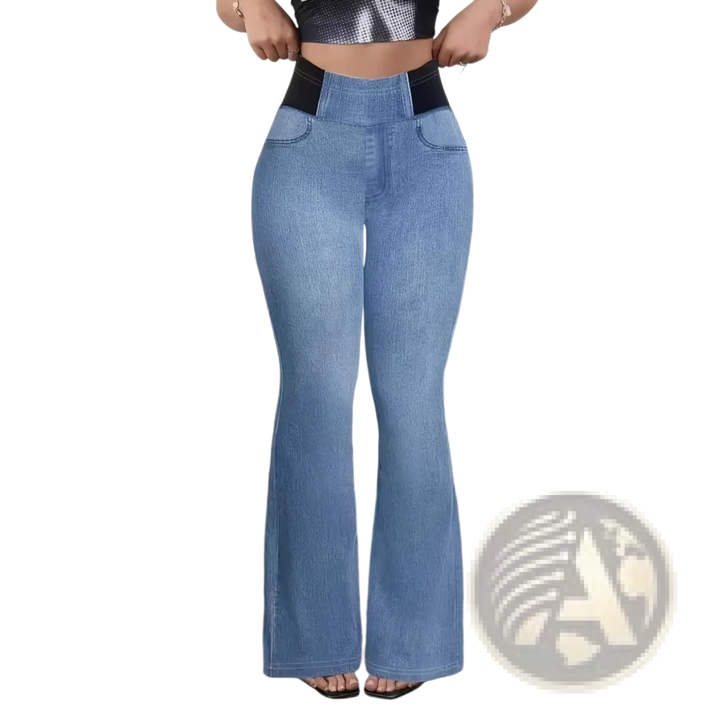 Light blue high-waisted flared pants with black elastic waistband and two front pockets for comfortable wear