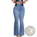 Light blue high-waisted flared pants with black elastic waistband and two front pockets for comfortable wear