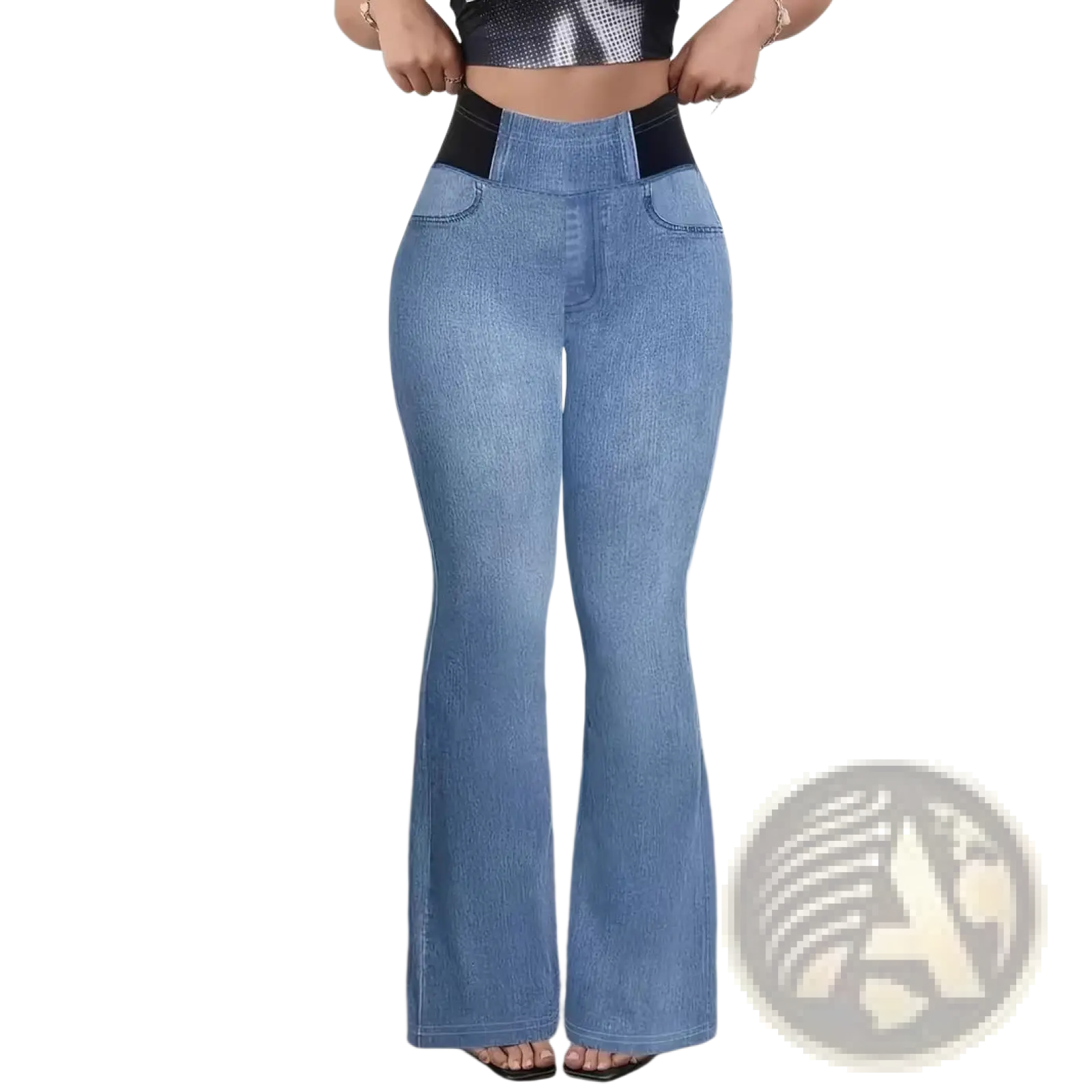 Light blue high-waisted flared pants with black elastic waistband and two front pockets for comfortable wear