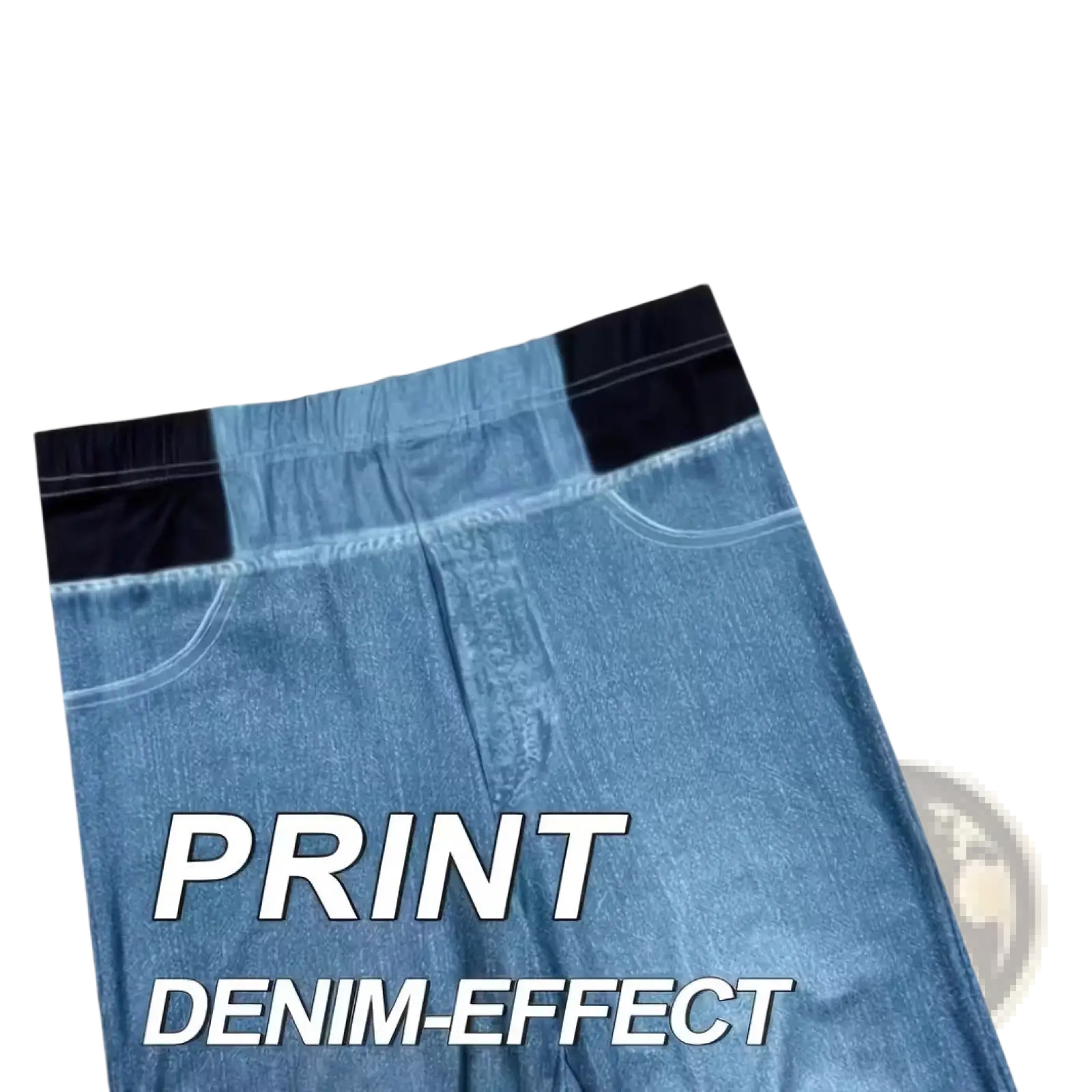 Light blue denim-effect leggings with black elastic waistband featuring a flared fit for stylish comfort