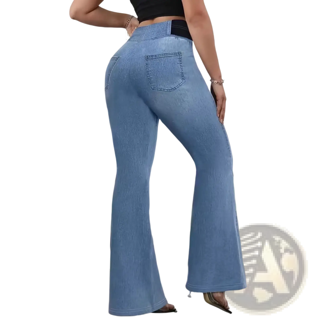 Light blue elastic waist flare pants in non-denim fabric shown from the back with classic pocket detailing