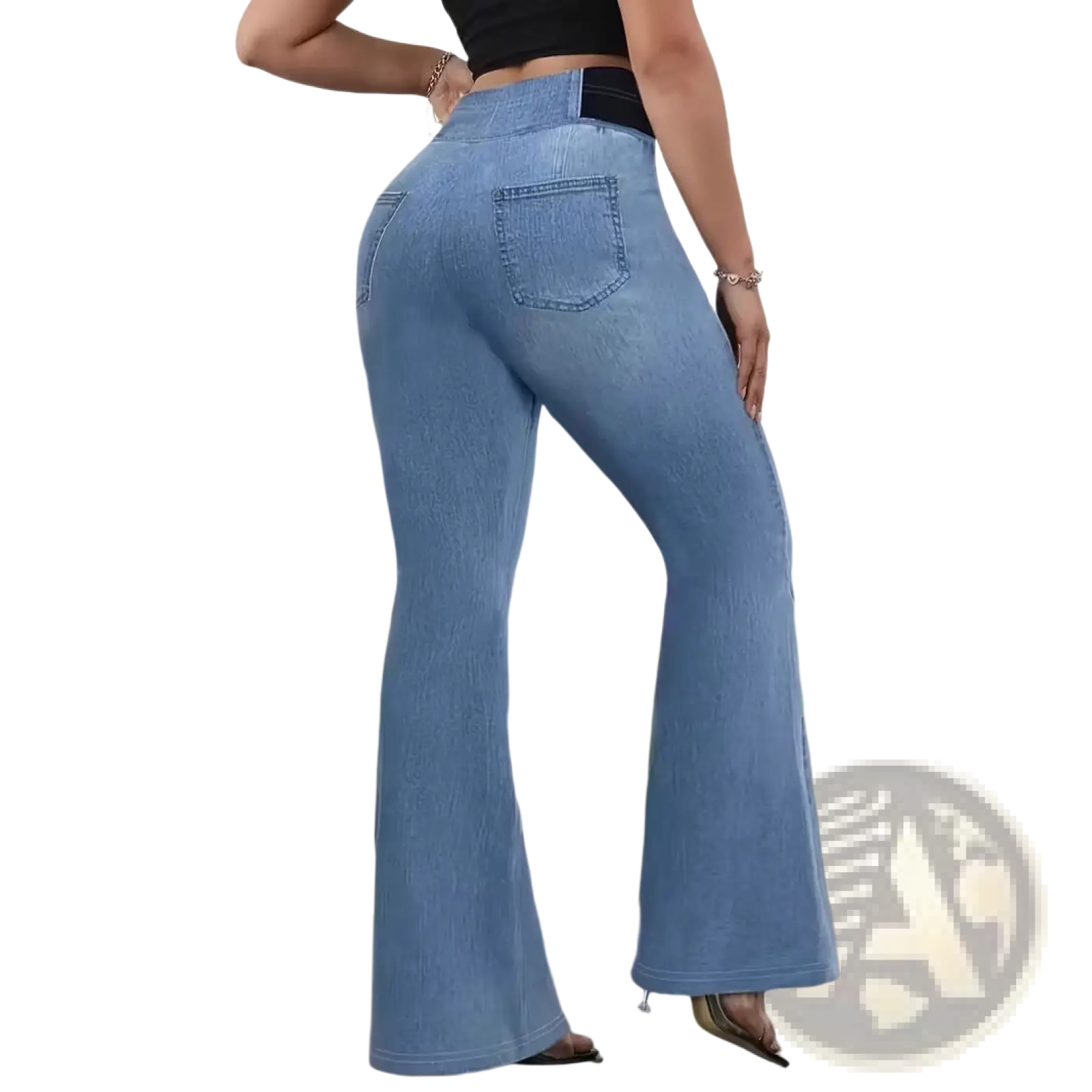 Light blue elastic waist flare pants in non-denim fabric shown from the back with classic pocket detailing