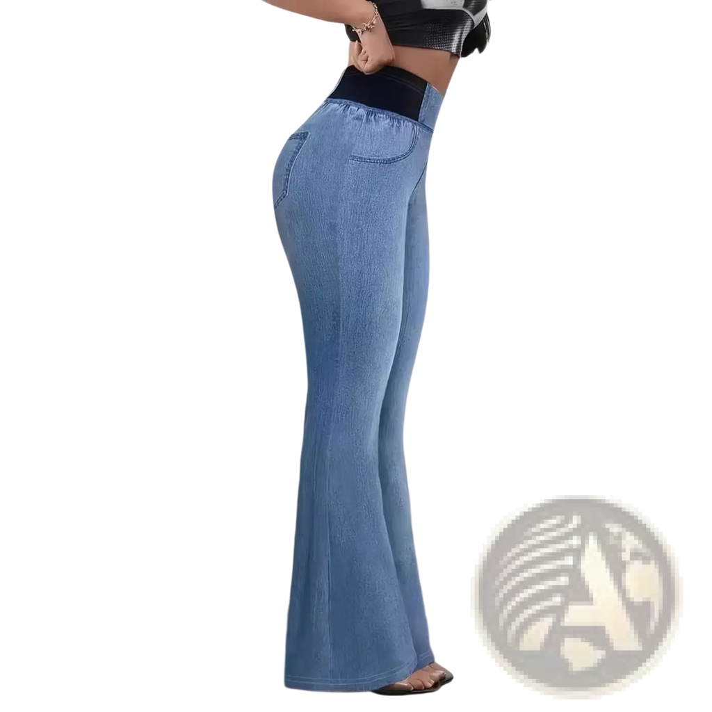 Light blue stretchy non-denim flared pants with black elastic waistband for comfortable casual wear