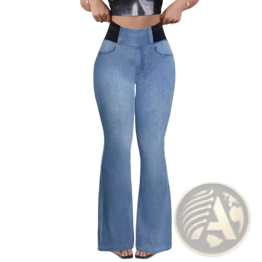 Light blue light-wash denim flare pants with high waist and black elastic band for a comfortable fit