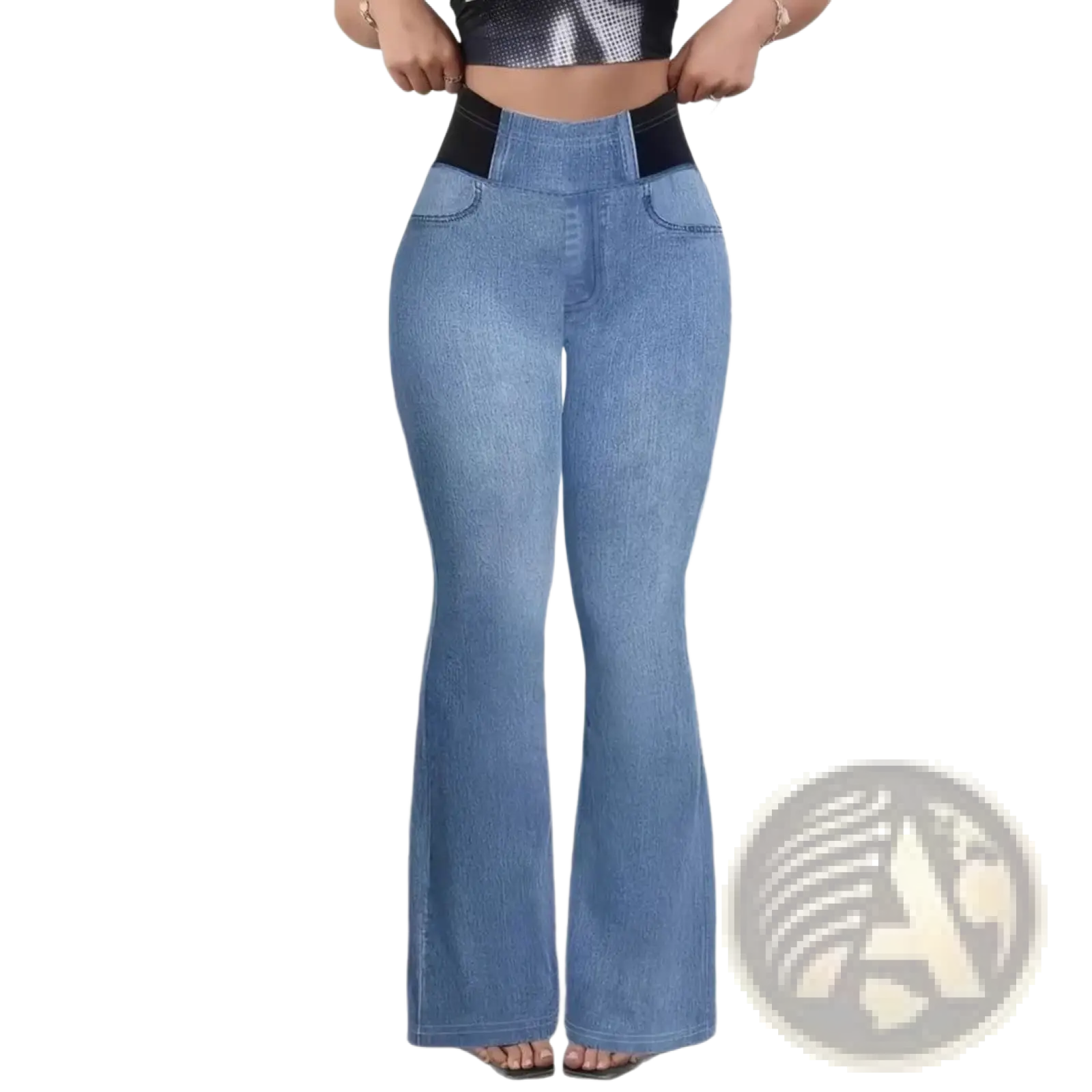 Light blue light-wash denim flare pants with high waist and black elastic band for a comfortable fit