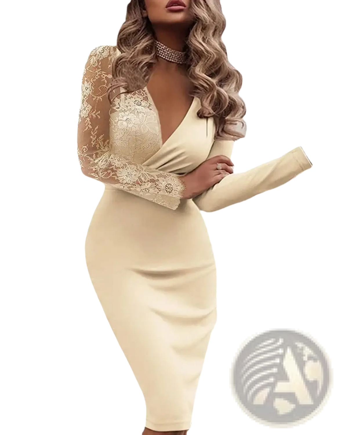 Cream-colored bodycon dress with lace long sleeves and deep v-neckline for formal party occasions