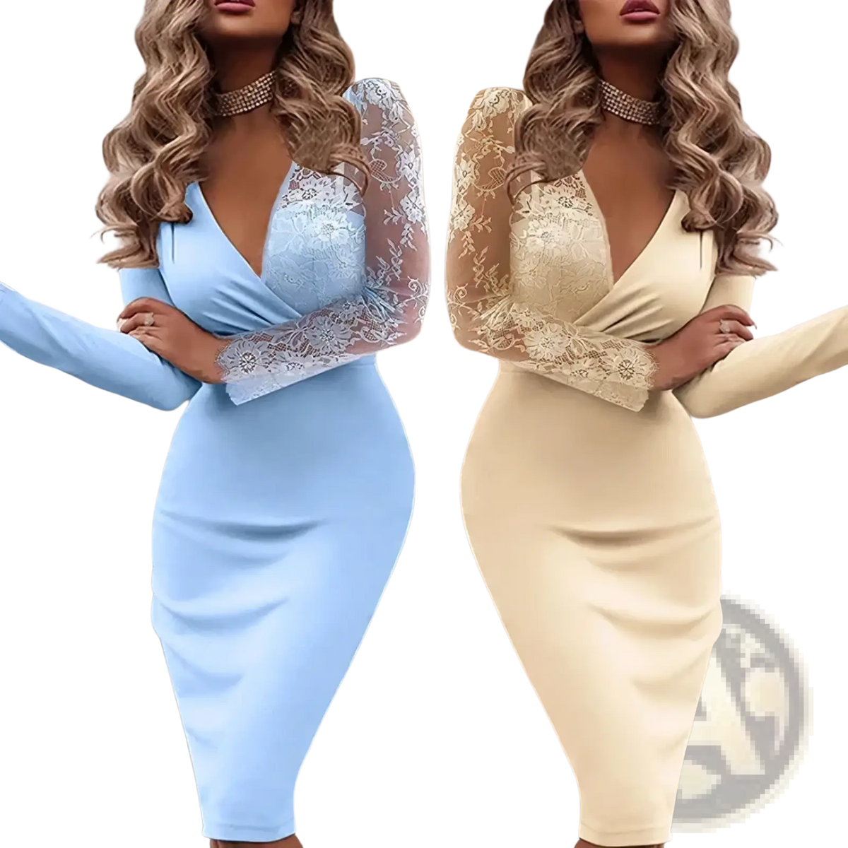 A light blue and beige form-fitting midi dress with long sheer lace sleeves and a deep v-neckline for formal parties