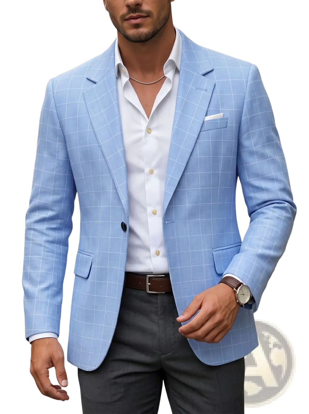 Light blue plaid business suit jacket with a subtle checkered pattern crafted from smooth fabric
