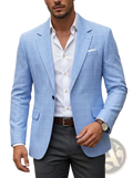 Light blue plaid business suit jacket with a subtle checkered pattern crafted from smooth fabric