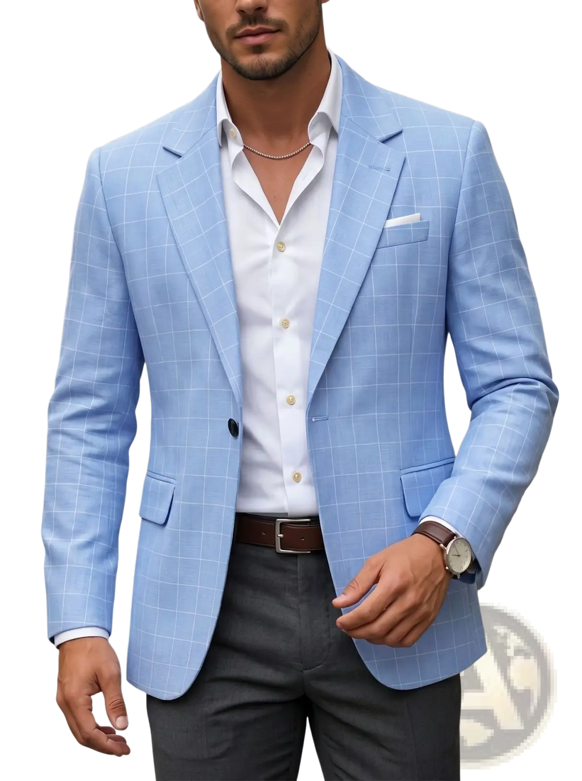Light blue plaid business suit jacket with a subtle checkered pattern crafted from smooth fabric