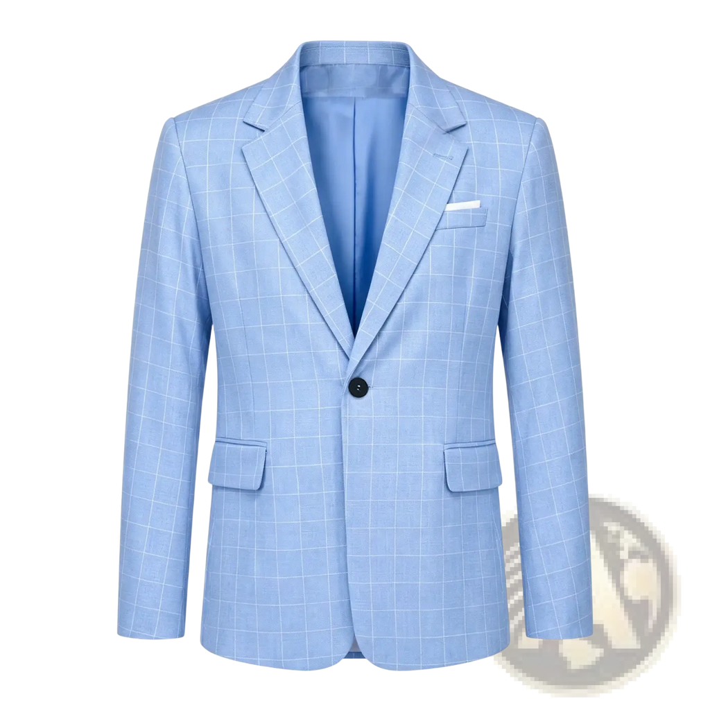 Light blue plaid business suit jacket with a subtle white checkered pattern and black button for formal wear