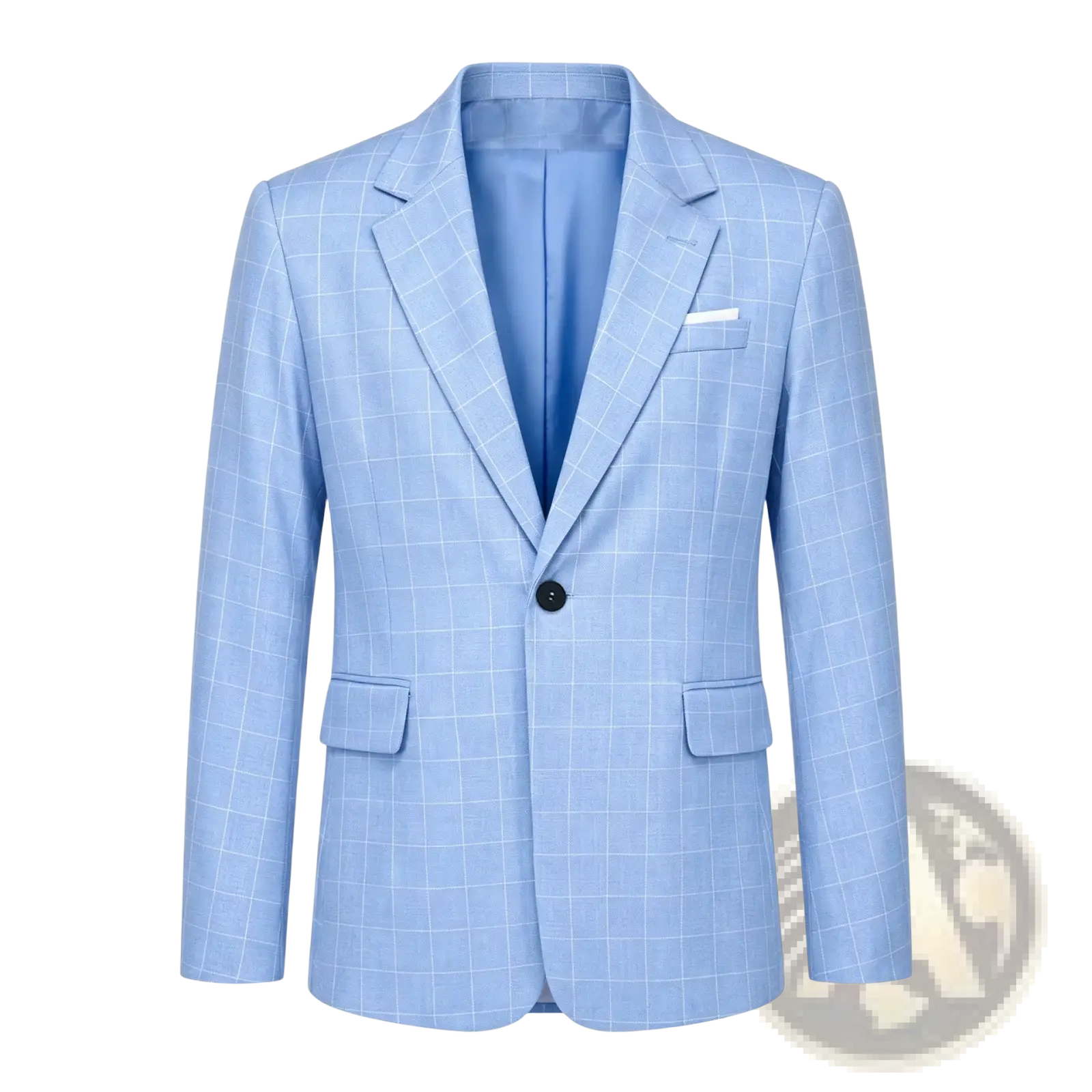 Light blue plaid business suit jacket with a subtle white checkered pattern and black button for formal wear