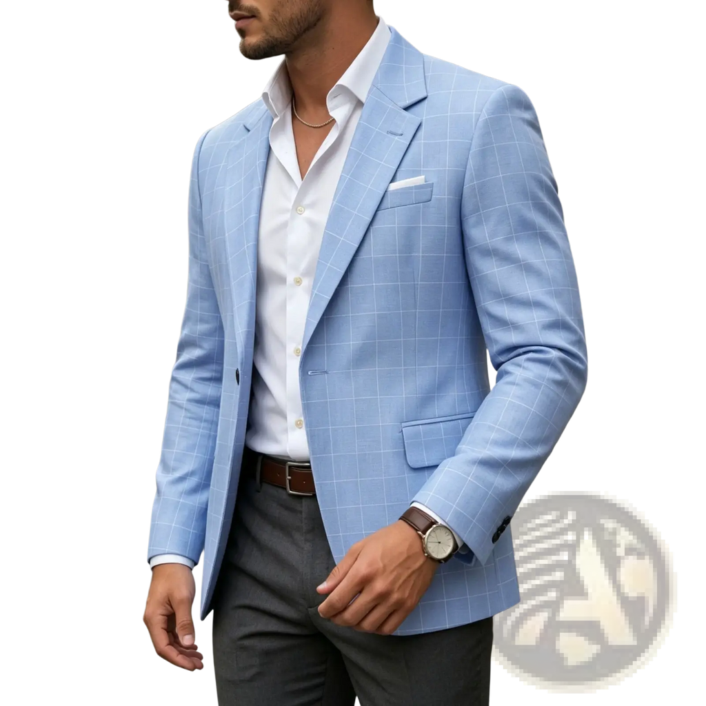 Light blue plaid business suit jacket with a subtle checkered pattern crafted from tailored fabric