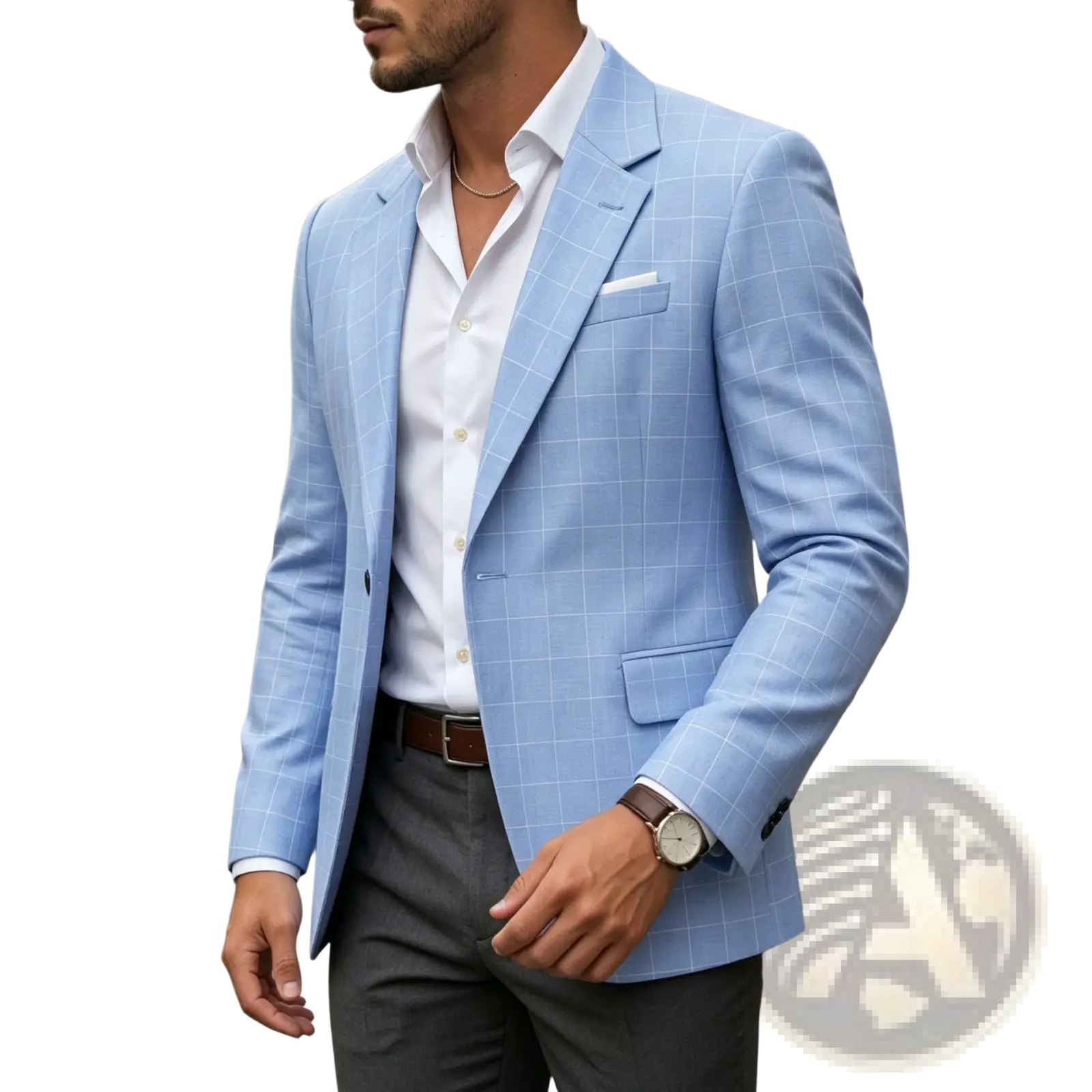Light blue plaid business suit jacket with a subtle checkered pattern crafted from tailored fabric