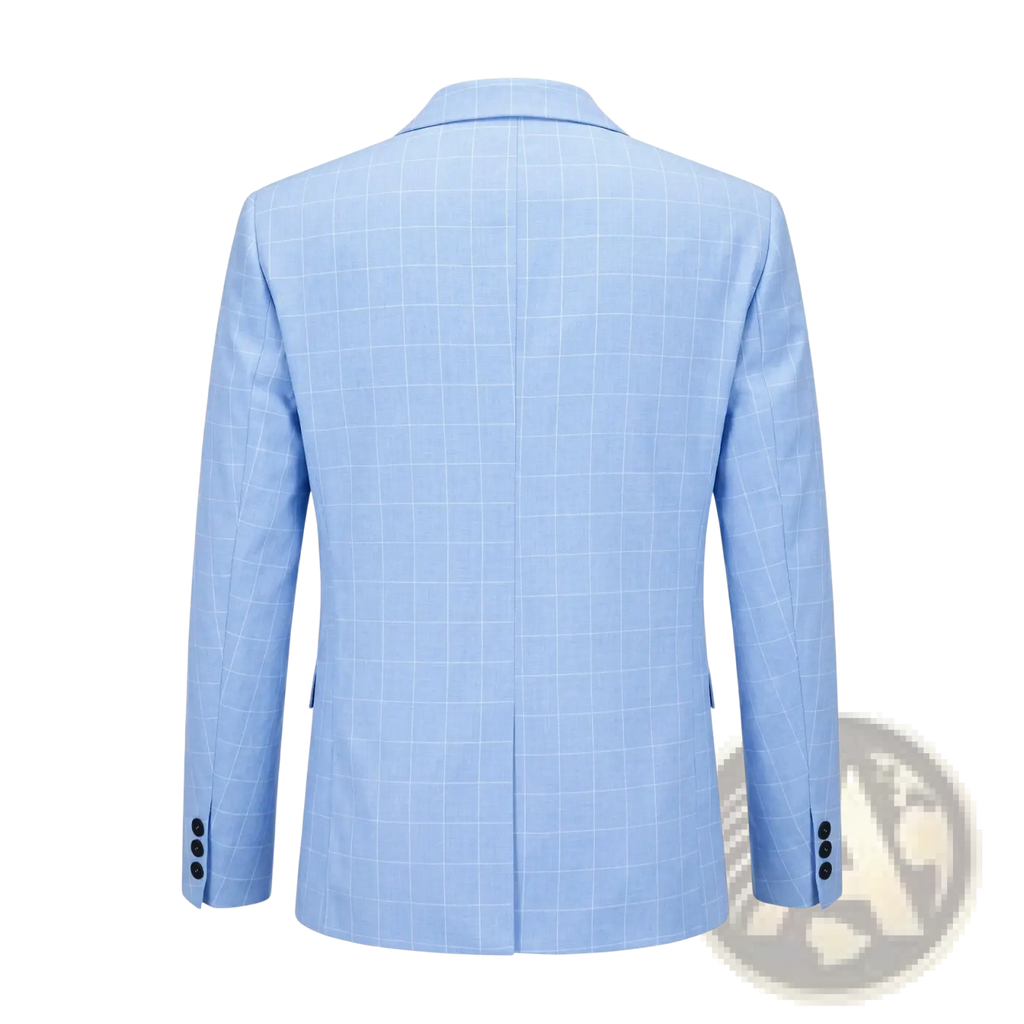 Light blue plaid business suit jacket with a subtle white checkered pattern and black button cuffs