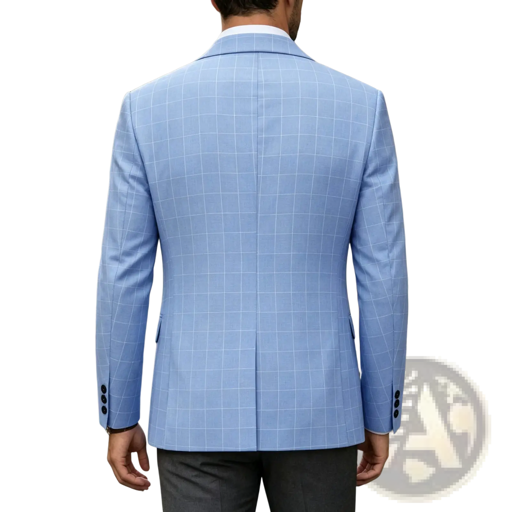 Light blue plaid business suit jacket in tailored fabric with a subtle white checkered pattern for formal wear