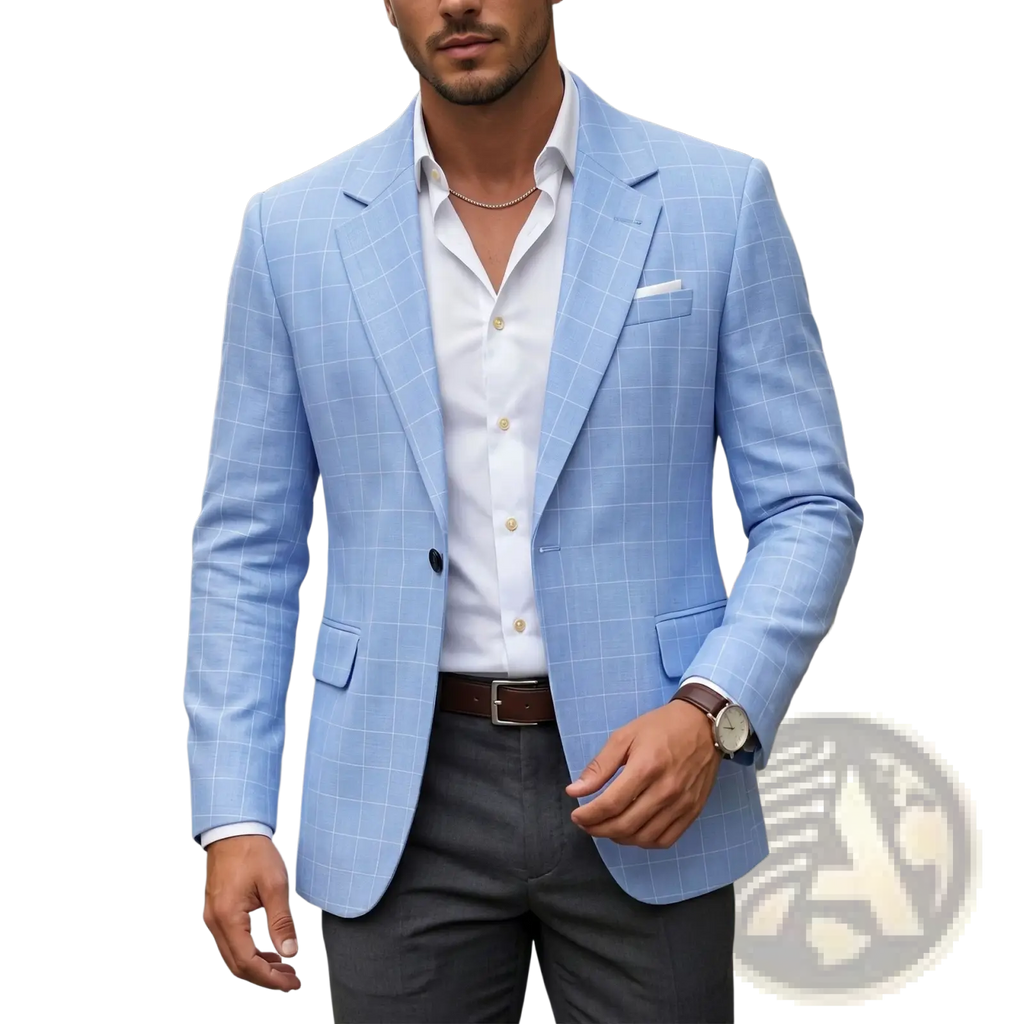 Light blue plaid business suit jacket with tailored fit and subtle textured checkered fabric for formal wear