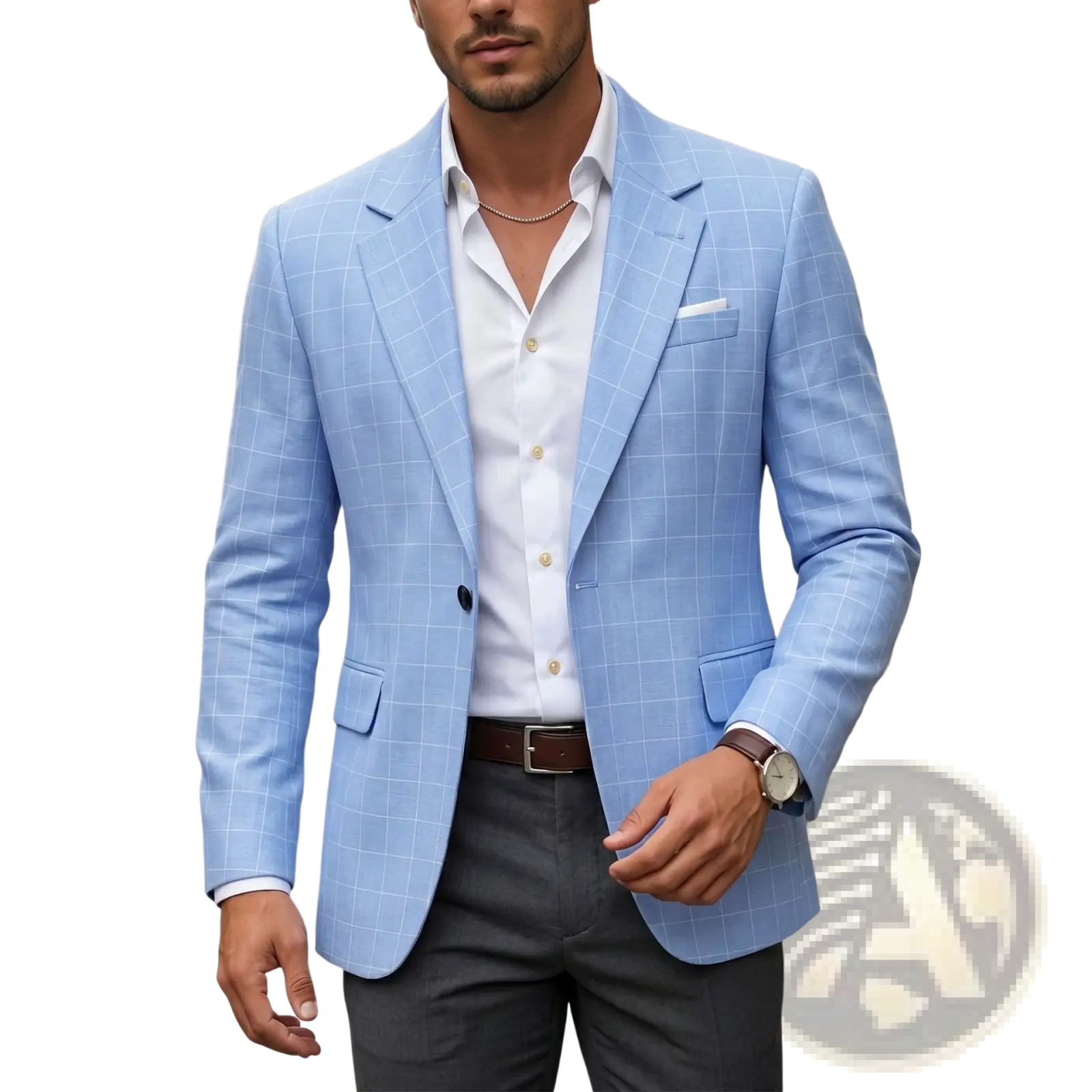 Light blue plaid business suit jacket with tailored fit and subtle textured checkered fabric for formal wear