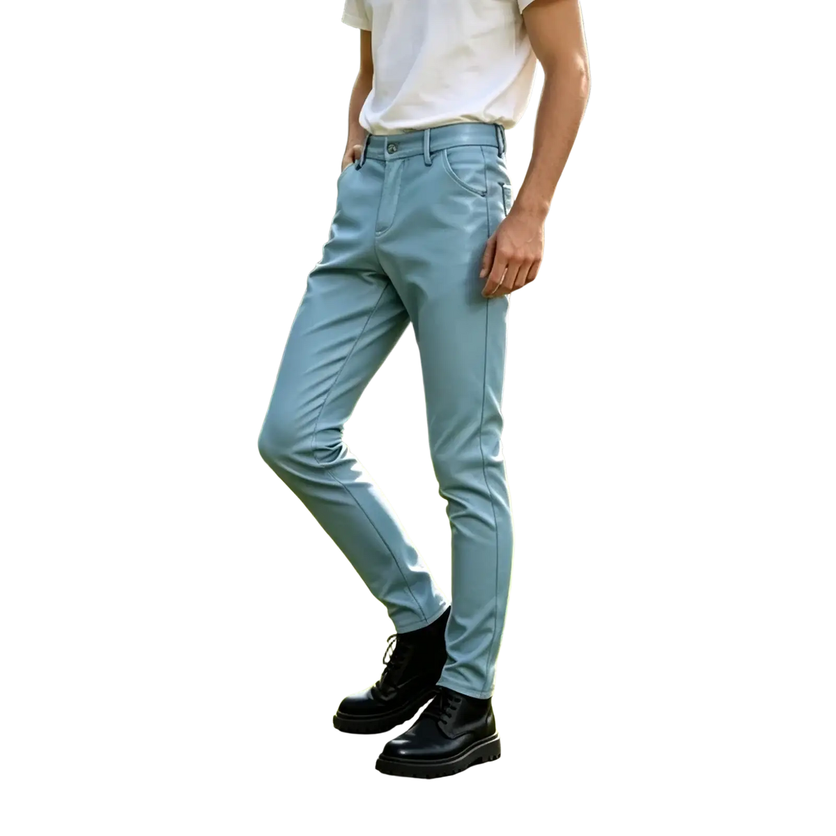 Light blue slim fit men trousers made of pu leather with a smooth slightly glossy finish