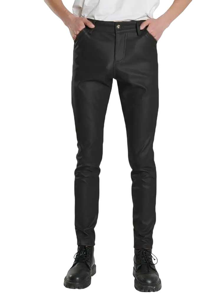 Black faux leather slim-fit pants with glossy finish and classic five-pocket design for men light blue pu leather trousers