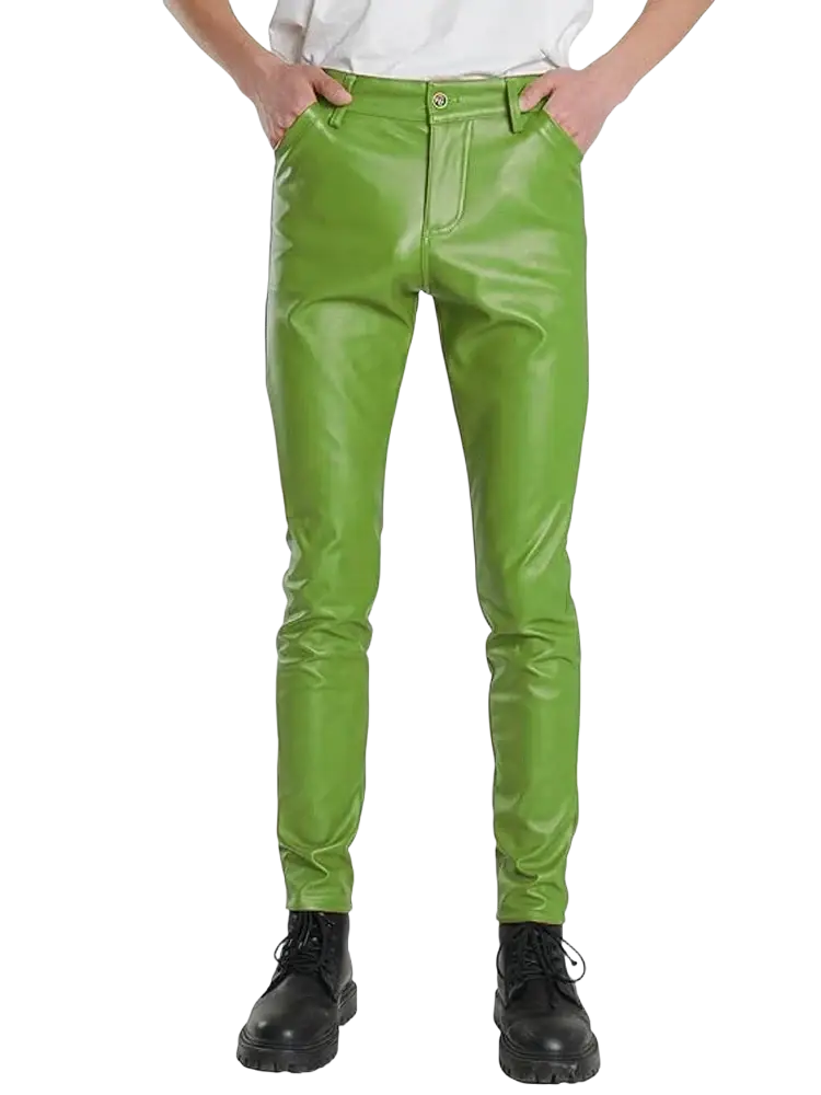 Bright green faux leather slim fit pants complement light blue pu leather slim fit men trousers collection