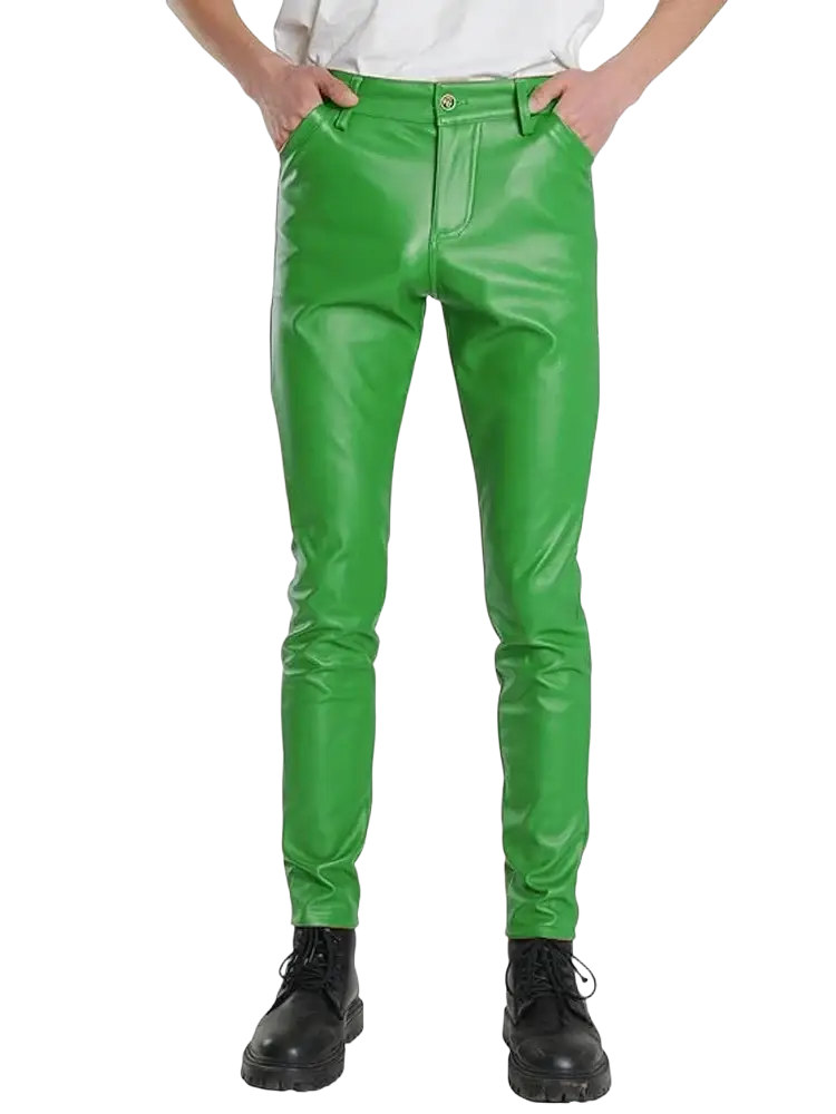 Bright green faux leather slim-fit pants contrasting with light blue pu leather slim fit men trousers